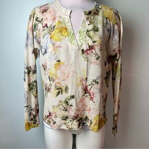 Anthropologie Floral Long Sleeve- Knit Top | Notch Neck | Watercolor | Small